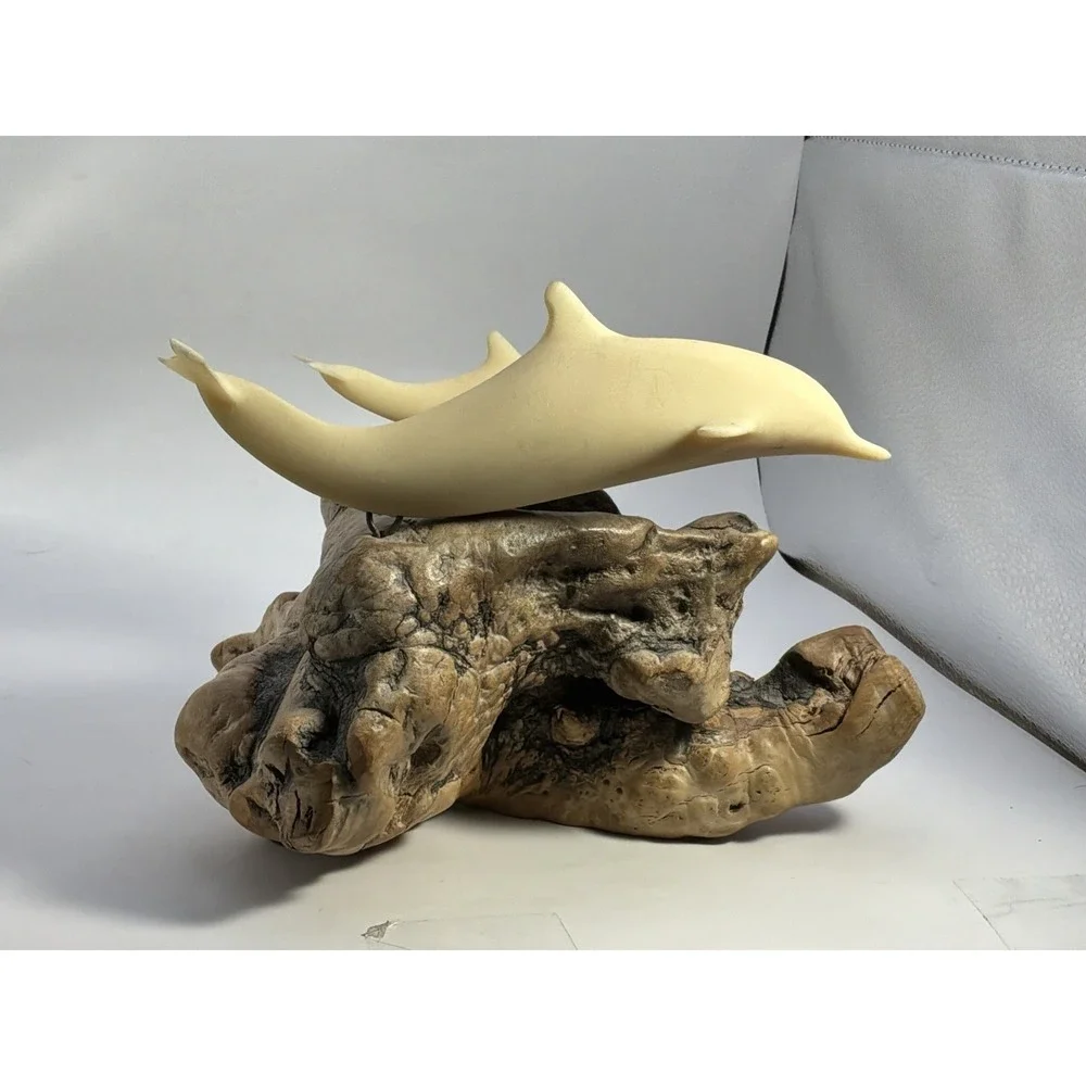 John Perry Parent & Baby Dolphin Sculpture On Burl Wood OnHas Broken Tail Shark?